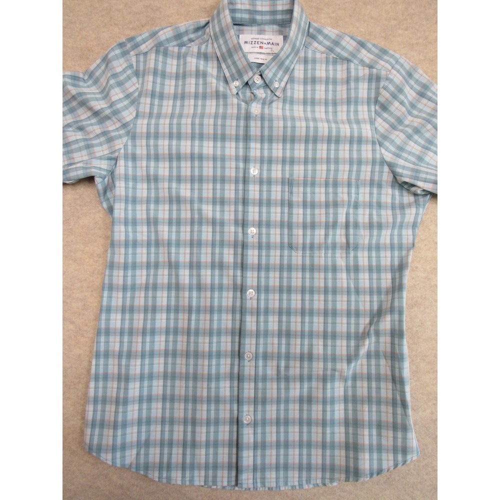 Mizzen+Main Leeward Short Sleeve Plaid Shirt Blue Orange Large Trim Fit - Picture 2 of 7